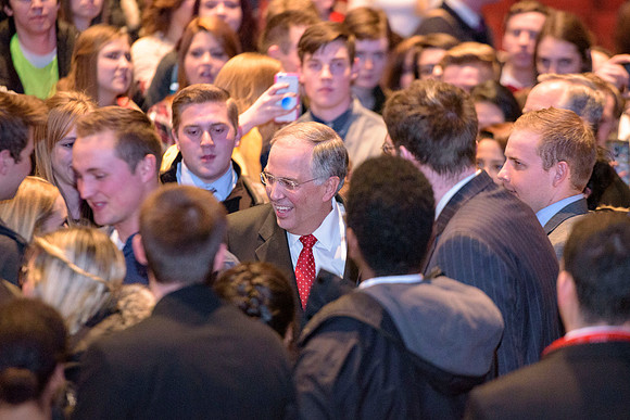 Elder Neil L. Andersen, shakes hands with BYU-Idaho students. Photo by Ryan Chase.