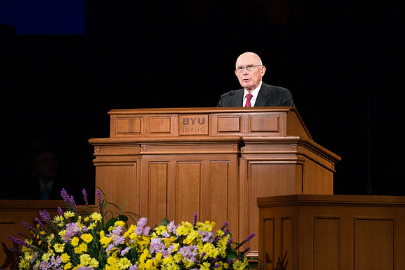Elder Oaks recognizes President and Sister Gilbert for their service at BYU-Idaho ans their willingness to serve as the President at the newly announced BYU Pathway Worldwide.