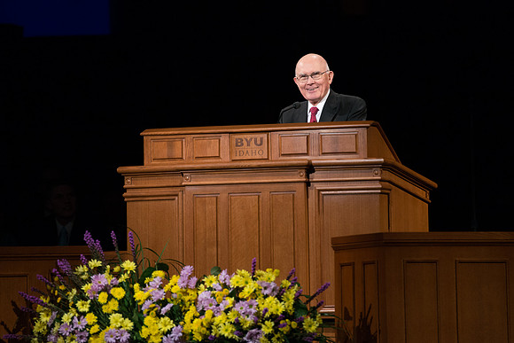 Elder Oaks recognizes President and Sister Gilbert for their service at BYU-Idaho ans their willingness to serve as the President at the newly announced BYU Pathway Worldwide.