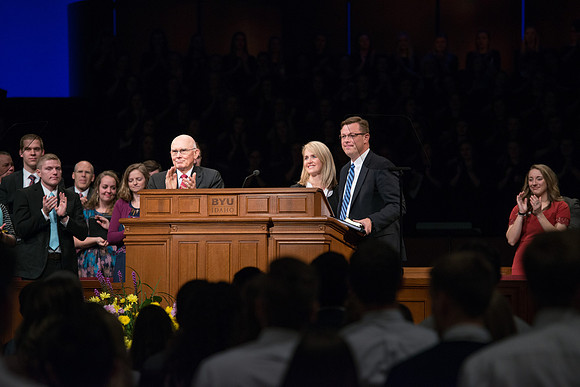 Elder Oaks recognizes President and Sister Gilbert for their service at BYU-Idaho ans their willingness to serve as the President at the newly announced BYU Pathway Worldwide.