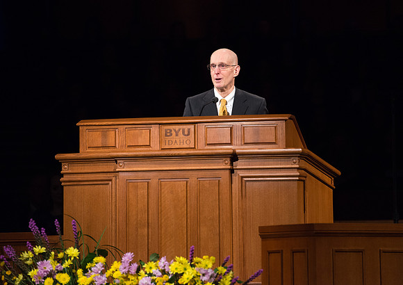 Newly called President of BYU-Idaho, Henry J. Eyring, speaks in the BYU-Idaho Center.