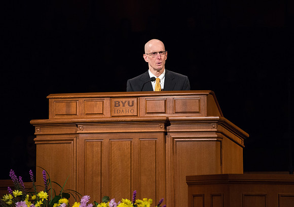 Newly called President of BYU-Idaho, Henry J. Eyring, speaks in the BYU-Idaho Center.