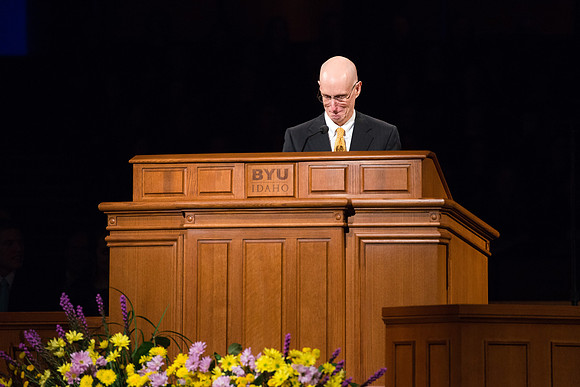 Newly called President of BYU-Idaho, Henry J. Eyring, speaks in the BYU-Idaho Center.