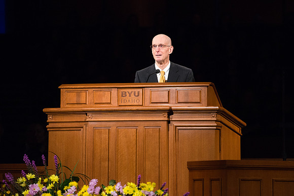 Newly called President of BYU-Idaho, Henry J. Eyring, speaks in the BYU-Idaho Center.