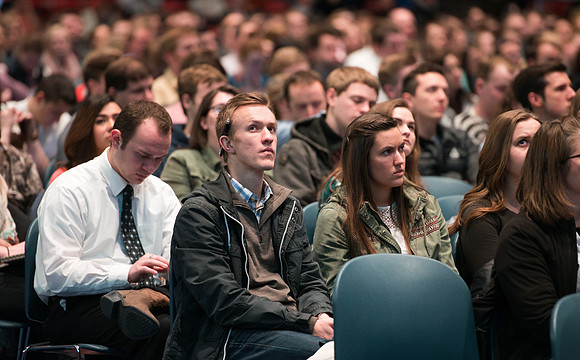 Clayton Christensen a Professor of Business Administration at the Harvard Business, speaks at the BYU-Idaho Forum.