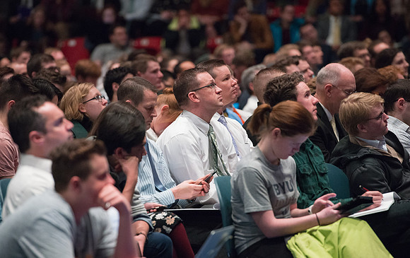 Clayton Christensen a Professor of Business Administration at the Harvard Business, speaks at the BYU-Idaho Forum.