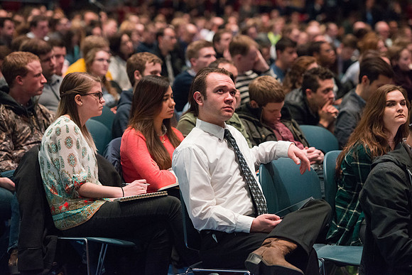 Clayton Christensen a Professor of Business Administration at the Harvard Business, speaks at the BYU-Idaho Forum.