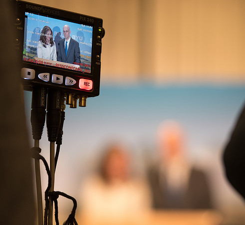 President Clark G. Gilbert and President Henry J. Eyring answer questions at a press conference.