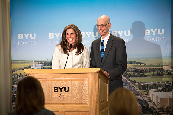 President Clark G. Gilbert and President Henry J. Eyring answer questions at a press conference.