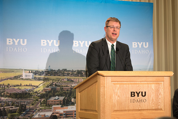 President Clark G. Gilbert and President Henry J. Eyring answer questions at a press conference.