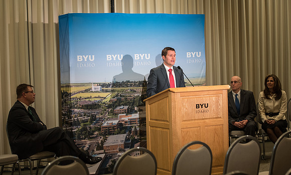 President Clark G. Gilbert and President Henry J. Eyring answer questions at a press conference.