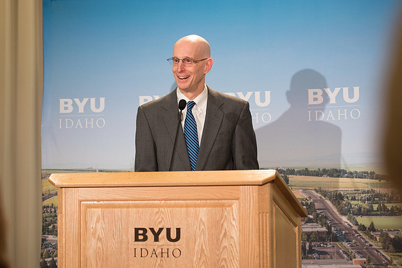 President Clark G. Gilbert and President Henry J. Eyring answer questions at a press conference.