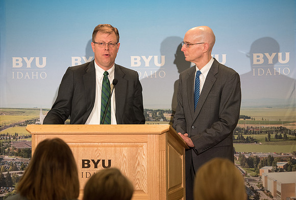 President Clark G. Gilbert and President Henry J. Eyring answer questions at a press conference.