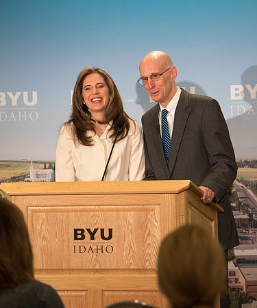 President Clark G. Gilbert and President Henry J. Eyring answer questions at a press conference.
