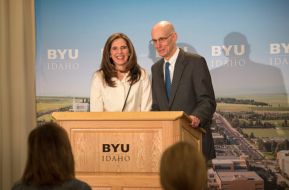 President Clark G. Gilbert and President Henry J. Eyring answer questions at a press conference.