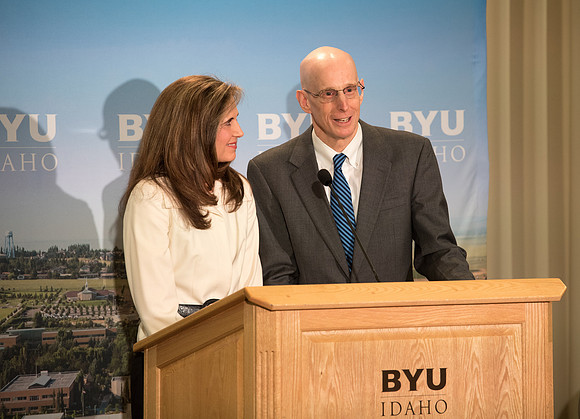 President Clark G. Gilbert and President Henry J. Eyring answer questions at a press conference.