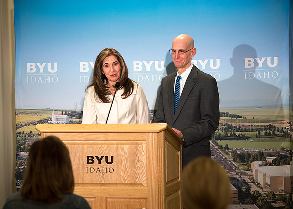 President Clark G. Gilbert and President Henry J. Eyring answer questions at a press conference.