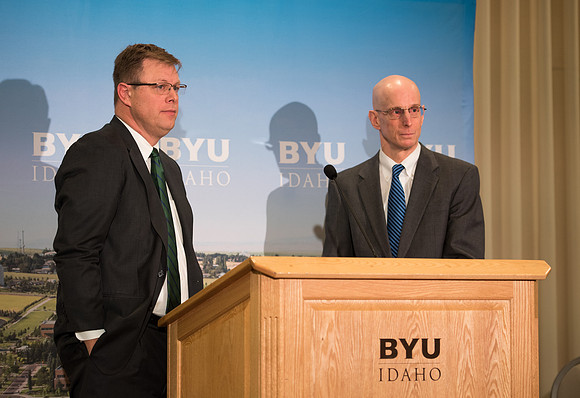 President Clark G. Gilbert and President Henry J. Eyring answer questions at a press conference.