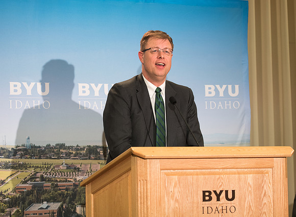 President Clark G. Gilbert and President Henry J. Eyring answer questions at a press conference.