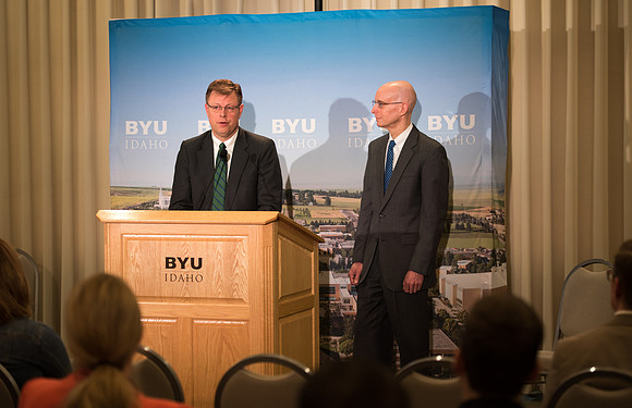 President Clark G. Gilbert and President Henry J. Eyring answer questions at a press conference.