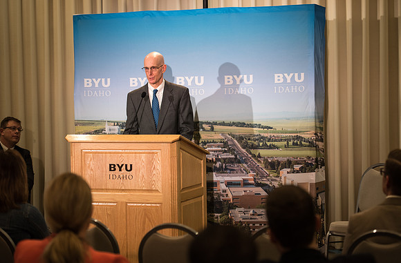President Clark G. Gilbert and President Henry J. Eyring answer questions at a press conference.