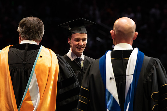 Students graduate from College of Physical Sciences and Engineering. Convocation held in the Hart Building Auditorium.