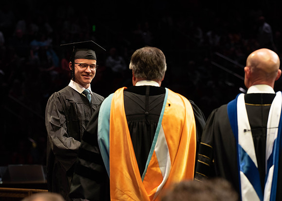 Students graduate from College of Physical Sciences and Engineering. Convocation held in the Hart Building Auditorium.