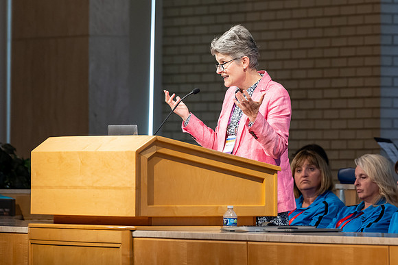 Mindy Davis gives an afternoon devotional for Education Week at BYU-Idaho.