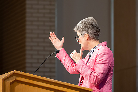 Mindy Davis gives an afternoon devotional for Education Week at BYU-Idaho.