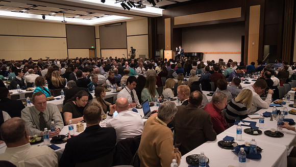 Faculty enjoy a luncheon with Clayton Christensen, the Kim B. Clark Professor of Business Administration at the Harvard Business School