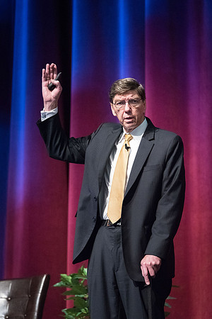 Clayton Christensen speaks to students about Disruptive Innovation during a Thursday forum.