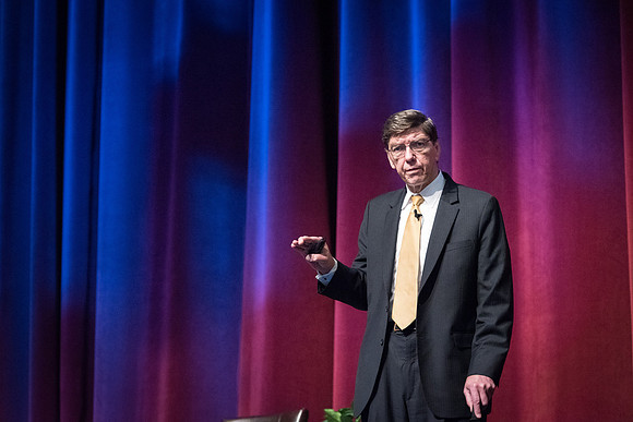 Clayton Christensen speaks to students about Disruptive Innovation during a Thursday forum.