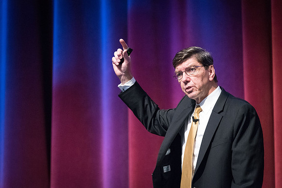 Clayton Christensen speaks to students about Disruptive Innovation during a Thursday forum.