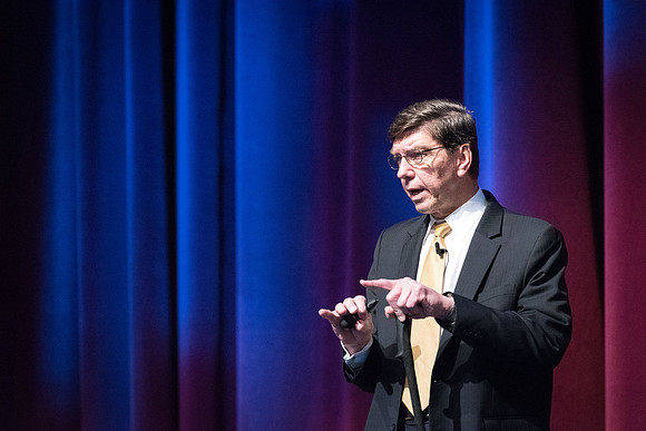 Clayton Christensen speaks to students about Disruptive Innovation during a Thursday forum.