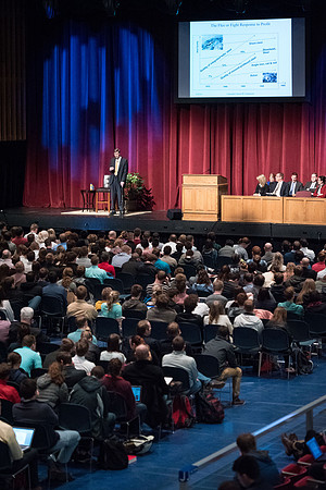 Clayton Christensen speaks to students about Disruptive Innovation during a Thursday forum.