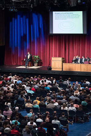 Clayton Christensen speaks to students about Disruptive Innovation during a Thursday forum.