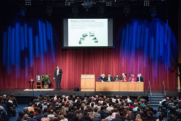 Clayton Christensen speaks to students about Disruptive Innovation during a Thursday forum.