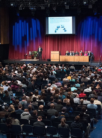 Clayton Christensen speaks to students about Disruptive Innovation during a Thursday forum.