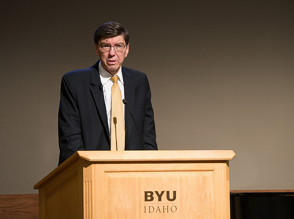 Faculty gather at a luncheon to be taught by Clayton Christensen, the "Kim B. Clark Professor" of Business Administration at the Harvard Business School.
