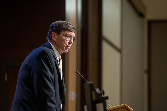 Faculty gather at a luncheon to be taught by Clayton Christensen, the "Kim B. Clark Professor" of Business Administration at the Harvard Business School.