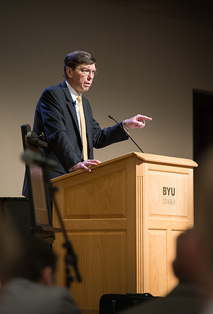 Faculty gather at a luncheon to be taught by Clayton Christensen, the "Kim B. Clark Professor" of Business Administration at the Harvard Business School.