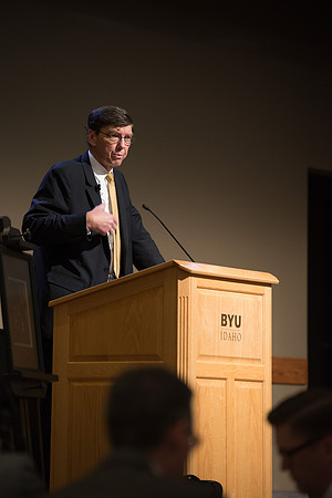 Faculty gather at a luncheon to be taught by Clayton Christensen, the "Kim B. Clark Professor" of Business Administration at the Harvard Business School.