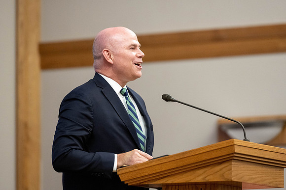 President Meredith introduces the devotional speaker Nate Watson, during his first devotional acting as president of BYU-Idaho.