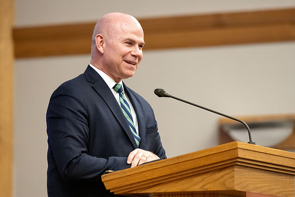 President Meredith introduces the devotional speaker Nate Watson, during his first devotional acting as president of BYU-Idaho.