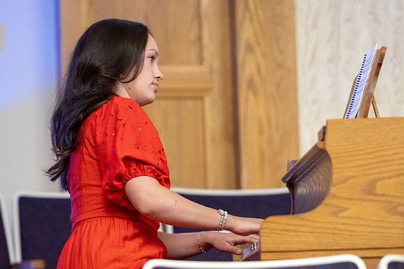 A cellist and pianist perform during devotional.