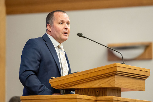 Nate Watson speaks during the weekly devotional at BYU-Idaho.