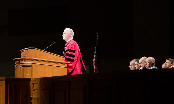 President Kim B. Clark welcomes graduates, familes and friends present in the 2014 Winter Graduation Commencement in the I-Center.
