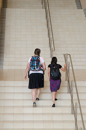 Students walking out on campus after devotional