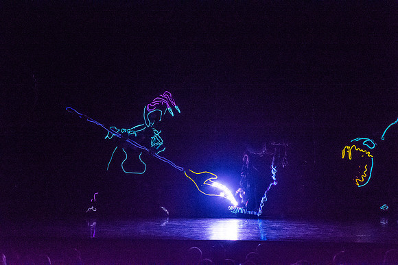 Brigham Young University-Idaho Center Stage presents the Light Wire Theater, a troupe of dancing puppeteers that perform in the dark and illuminate the characters and scenes with stringed lights.
