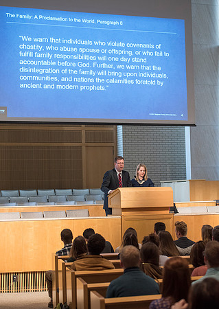 President and Sister Gilbert teach a Foundations class about the "The Family, A Proclamation to the World".